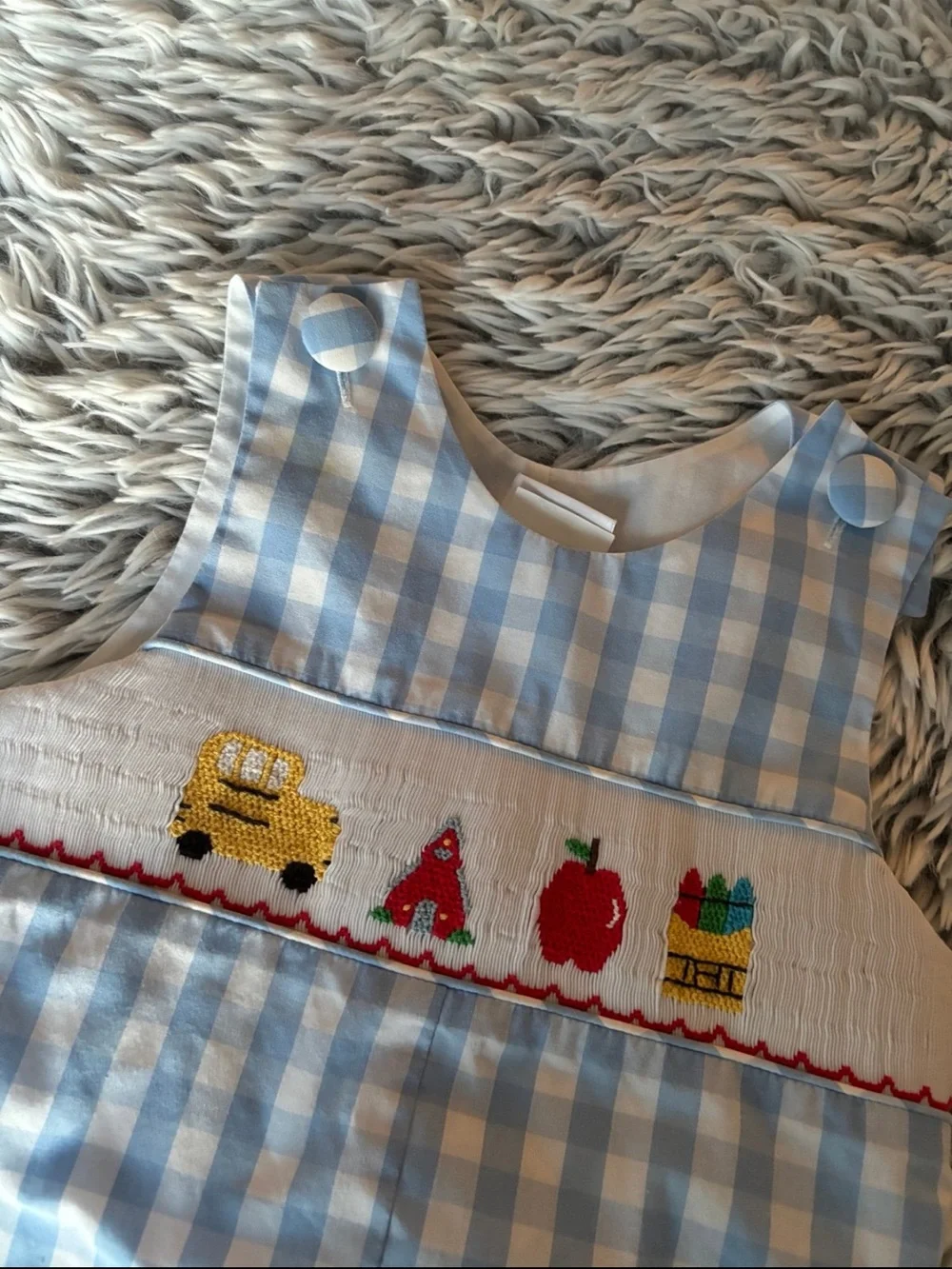 Blue Gingham Smocked Kids Shortall with School Motifs
